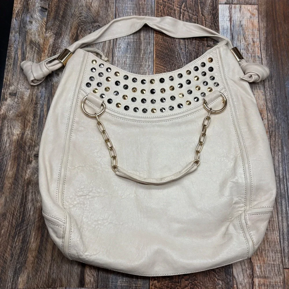 Tre Vero Cream Leather Studded Hobo Bag Mixed Metal Chain Strap Shoulder Bag